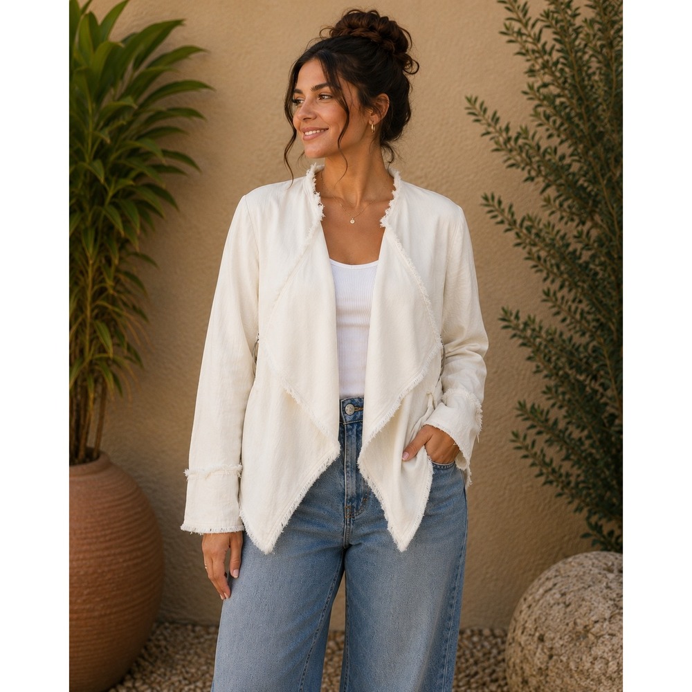 Free People Womens White Waterfall Drape Jacket Raw Hem Utility Pockets Size M